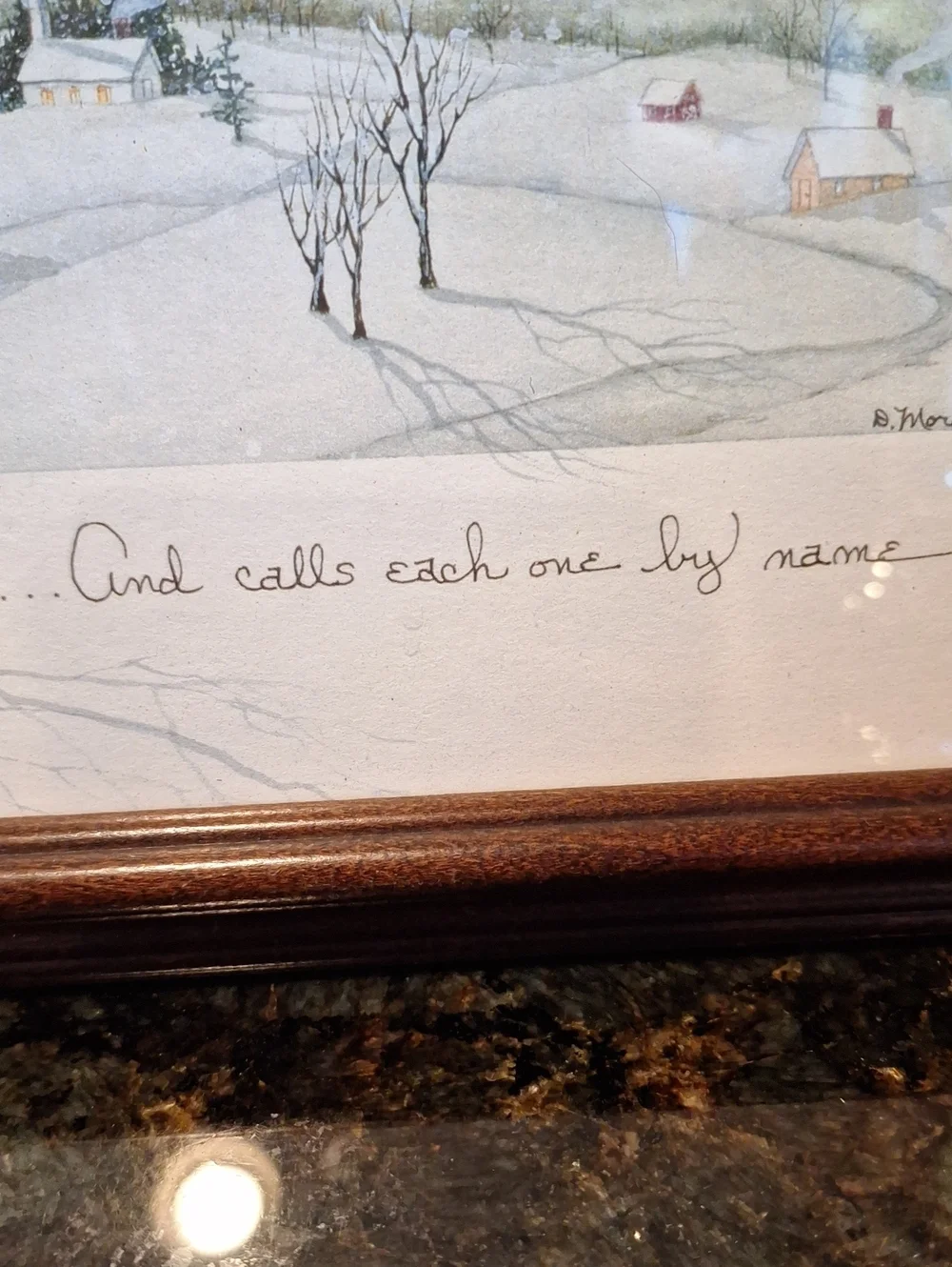 Winter Landscape. 1992 D. Morgan Brown Frame, White Accent 9× 16